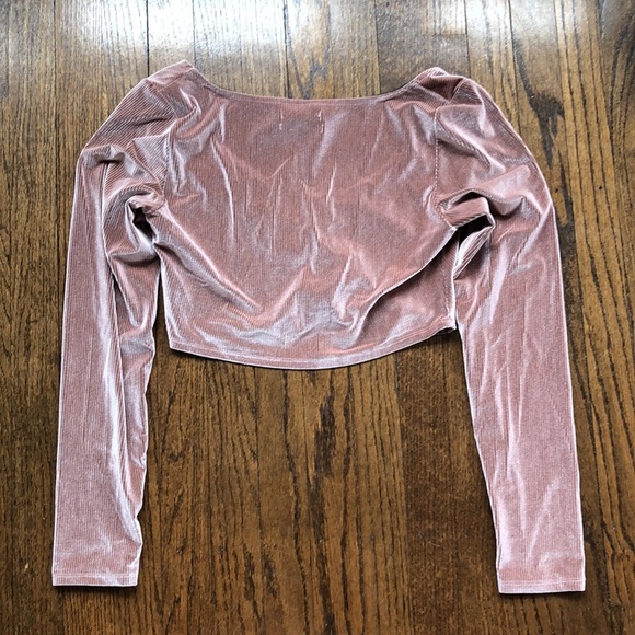 Vintage Velvet Ribbed Ruched Mauve Pale Pink Stretch Boho Bohemian Crop Top - Picture 5 of 5